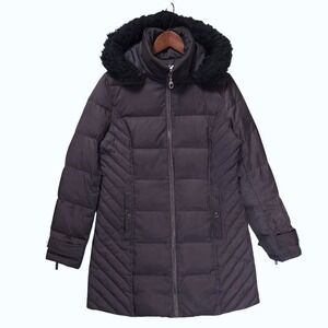 Kenneth Cole New York Down Puffer Coat Women's M Fur Trim Hooded Gray Jacket